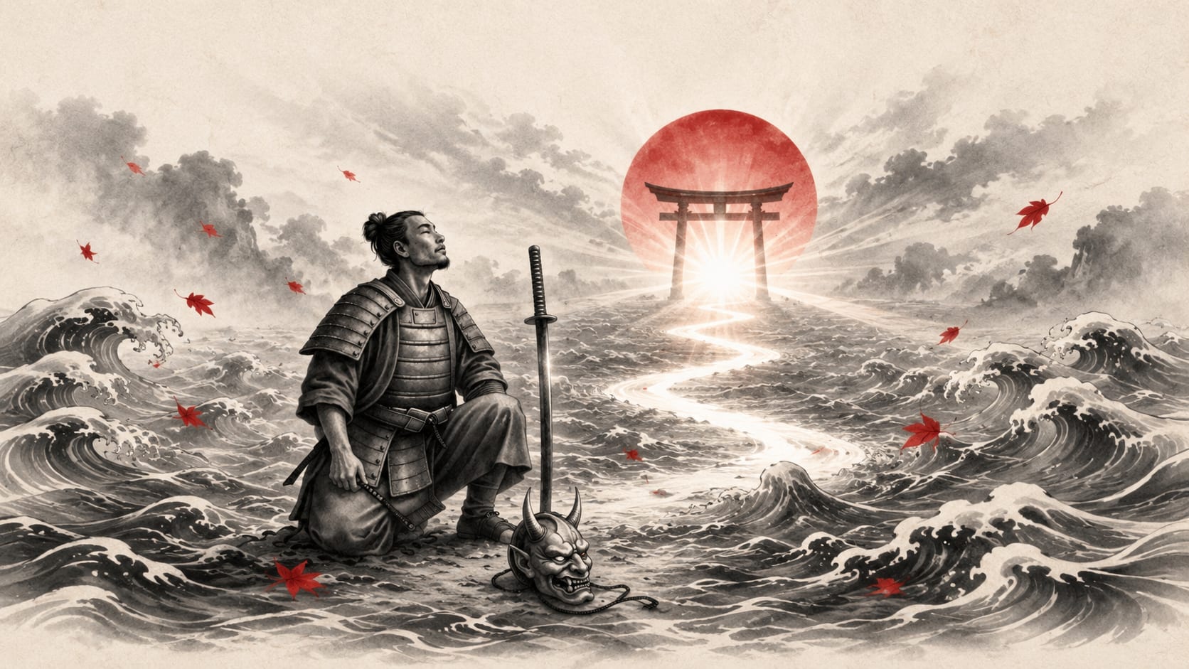 Ilustración sumi-e: un samurái arrodillado junto a su espada clavada y su máscara Oni en el suelo, frente a un torii y un sol rojo