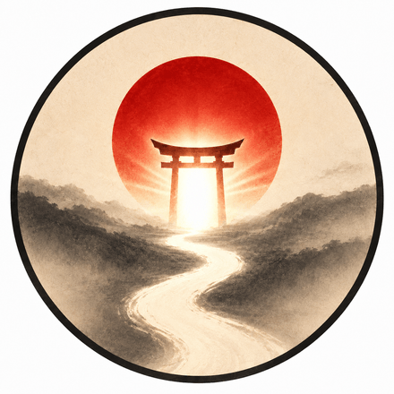 Emblema de Solo Sé: un torii ante el sol rojo, con un camino de luz